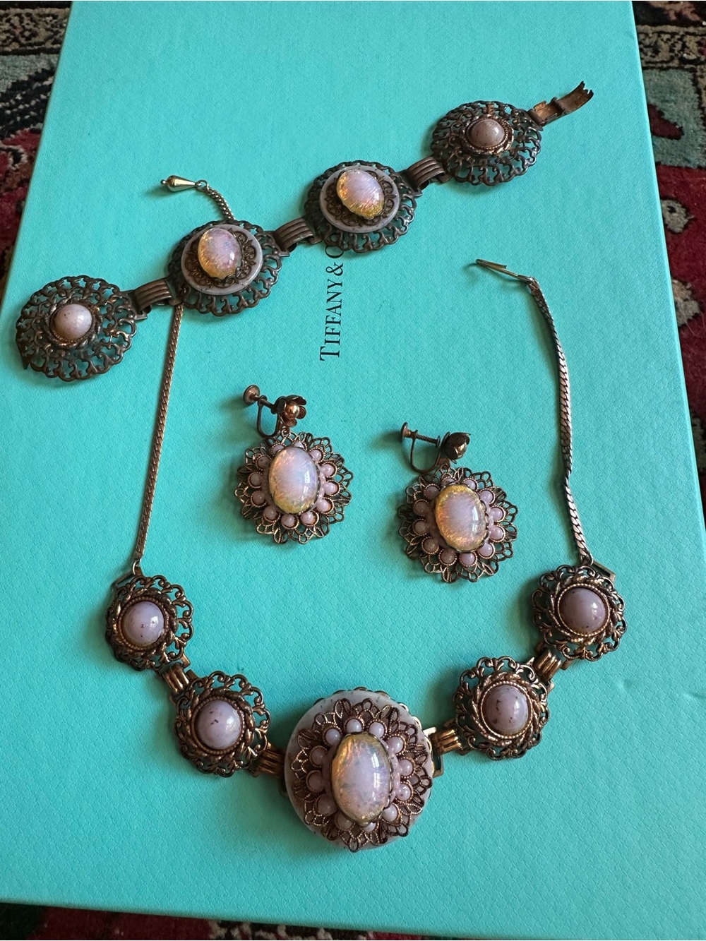 Vintage 50s Unique Exceptional Filigree Pink Opal Glow Glass 3 Piece Set